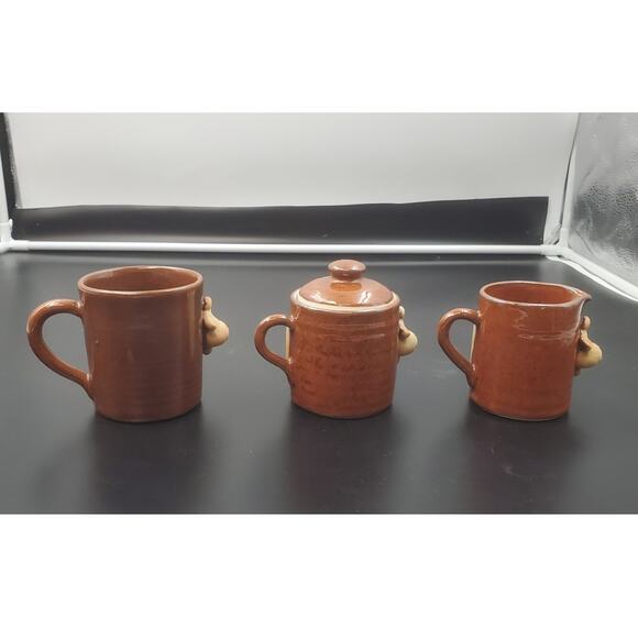 VTG Trifles, Japan, Cow/Steer Brown Stoneware Set 3 Piece Creamer, Sugar & Mug - Picture 3 of 5